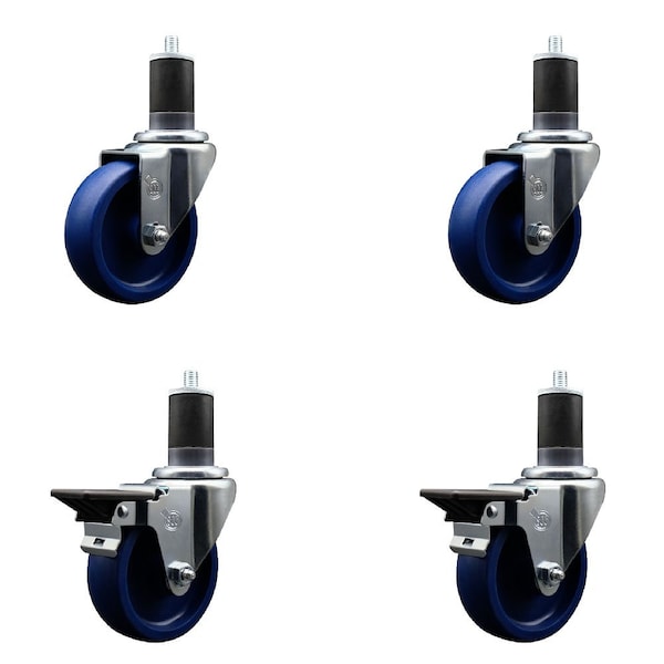 4'' Solid Poly Wheel Swivel 1-5/8'' Expanding Stem Caster Set 2 Brakes, 4PK